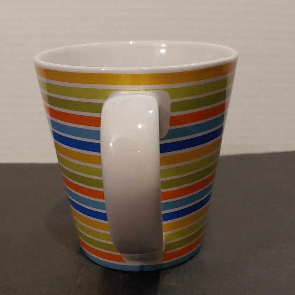 Crate & Barrel Coffee Mug Cup Orange Yellow Green Blue Stripes 12 Ounce VG Cond